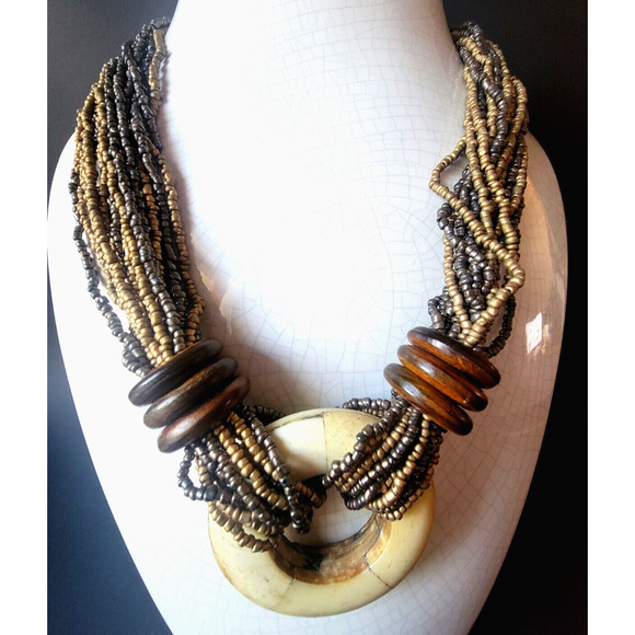 Vintage Tribal Boho Multi-Strand Beaded Necklace Wood Ring Pendant Folk Style - Picture 1 of 9